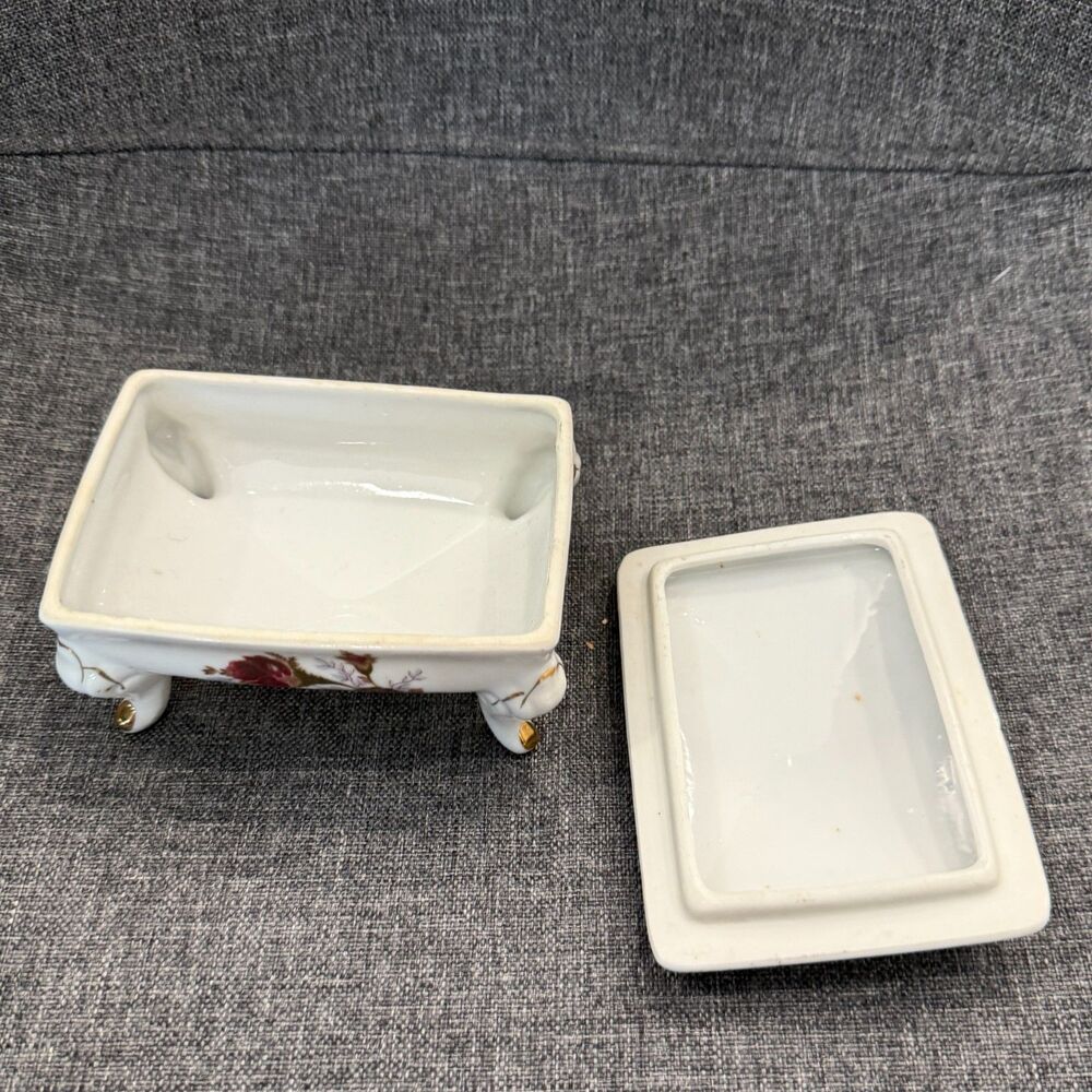 Vintage Beautiful Porcelain Rose Footed Trinket Jewelry Box
